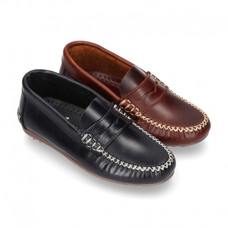 Tanned leather kids moccasins shoes with detail mask in CLASSIC COLORS.