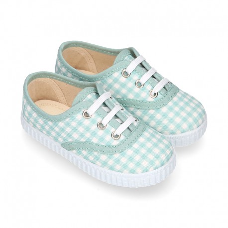 MINT VICHY Cotton canvas Kids sneaker shoes Bamba style with laces closure.