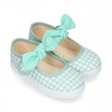 MINT VICHY Cotton canvas Little Mary Janes with hook and loop strap and bow.