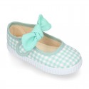 MINT VICHY Cotton canvas Little Mary Janes with hook and loop strap and bow.