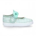 MINT VICHY Cotton canvas Little Mary Janes with hook and loop strap and bow.