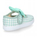 MINT VICHY Cotton canvas Little Mary Janes with hook and loop strap and bow.