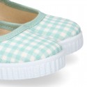 MINT VICHY Cotton canvas Little Mary Janes with hook and loop strap and bow.