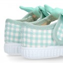 MINT VICHY Cotton canvas Little Mary Janes with hook and loop strap and bow.