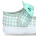 MINT VICHY Cotton canvas Little Mary Janes with hook and loop strap and bow.