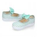 MINT VICHY Cotton canvas Little Mary Janes with hook and loop strap and bow.