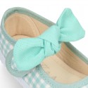 MINT VICHY Cotton canvas Little Mary Janes with hook and loop strap and bow.