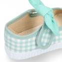 MINT VICHY Cotton canvas Little Mary Janes with hook and loop strap and bow.