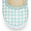 MINT VICHY Cotton canvas Little Mary Janes with hook and loop strap and bow.