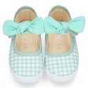 MINT VICHY Cotton canvas Little Mary Janes with hook and loop strap and bow.