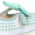 MINT VICHY Cotton canvas Little Mary Janes with hook and loop strap and bow.