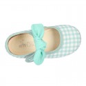 MINT VICHY Cotton canvas Little Mary Janes with hook and loop strap and bow.