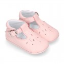 Soft Nappa leather little BABY T-Strap shoes with chopped design in pastel colors.