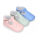 Soft Nappa leather little BABY T-Strap shoes with chopped design in pastel colors.