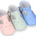 Soft Nappa leather little BABY T-Strap shoes with chopped design in pastel colors.