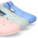 Soft Nappa leather little BABY T-Strap shoes with chopped design in pastel colors.