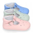 Soft Nappa leather little BABY T-Strap shoes with chopped design in pastel colors.