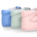 Soft Nappa leather little BABY T-Strap shoes with chopped design in pastel colors.