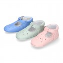 Soft Nappa leather little BABY T-Strap shoes with chopped design in pastel colors.