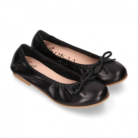 BLACK soft leather adjustable Girl ballet flats with ribbon.