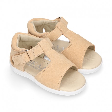 T-Strap Suede leather Kids Sandal shoes with hook and loop closure.