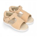 T-Strap Suede leather Kids Sandal shoes with hook and loop closure.