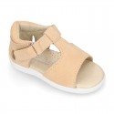 T-Strap Suede leather Kids Sandal shoes with hook and loop closure.