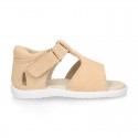 T-Strap Suede leather Kids Sandal shoes with hook and loop closure.