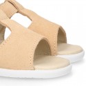 T-Strap Suede leather Kids Sandal shoes with hook and loop closure.