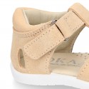 T-Strap Suede leather Kids Sandal shoes with hook and loop closure.