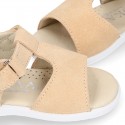 T-Strap Suede leather Kids Sandal shoes with hook and loop closure.