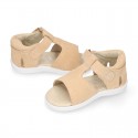 T-Strap Suede leather Kids Sandal shoes with hook and loop closure.