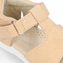 T-Strap Suede leather Kids Sandal shoes with hook and loop closure.