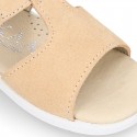 T-Strap Suede leather Kids Sandal shoes with hook and loop closure.