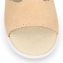 T-Strap Suede leather Kids Sandal shoes with hook and loop closure.