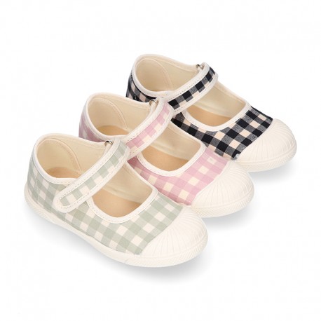 VICHY Cotton canvas Girl Mary Jane shoes with hook and loop strap closure and toe cap.