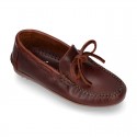 Tanned leather kids moccasins shoes with ties design in CLASSIC COLORS.