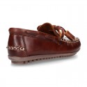 Tanned leather kids moccasins shoes with ties and TASSELS design.