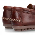 Tanned leather kids moccasins shoes with ties and TASSELS design.