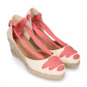 Cotton canvas wedge woman espadrilles shoes Valenciana style with three ribbons design in MAKE UP PINK.