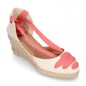 Cotton canvas wedge woman espadrilles shoes Valenciana style with three ribbons design in MAKE UP PINK.