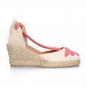 Cotton canvas wedge woman espadrilles shoes Valenciana style with three ribbons design in MAKE UP PINK.