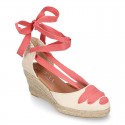Cotton canvas wedge woman espadrilles shoes Valenciana style with three ribbons design in MAKE UP PINK.