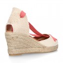 Cotton canvas wedge woman espadrilles shoes Valenciana style with three ribbons design in MAKE UP PINK.