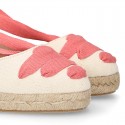 Cotton canvas wedge woman espadrilles shoes Valenciana style with three ribbons design in MAKE UP PINK.