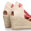 Cotton canvas wedge woman espadrilles shoes Valenciana style with three ribbons design in MAKE UP PINK.