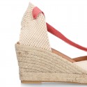 Cotton canvas wedge woman espadrilles shoes Valenciana style with three ribbons design in MAKE UP PINK.