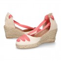 Cotton canvas wedge woman espadrilles shoes Valenciana style with three ribbons design in MAKE UP PINK.
