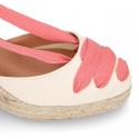 Cotton canvas wedge woman espadrilles shoes Valenciana style with three ribbons design in MAKE UP PINK.