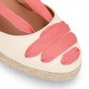 Cotton canvas wedge woman espadrilles shoes Valenciana style with three ribbons design in MAKE UP PINK.